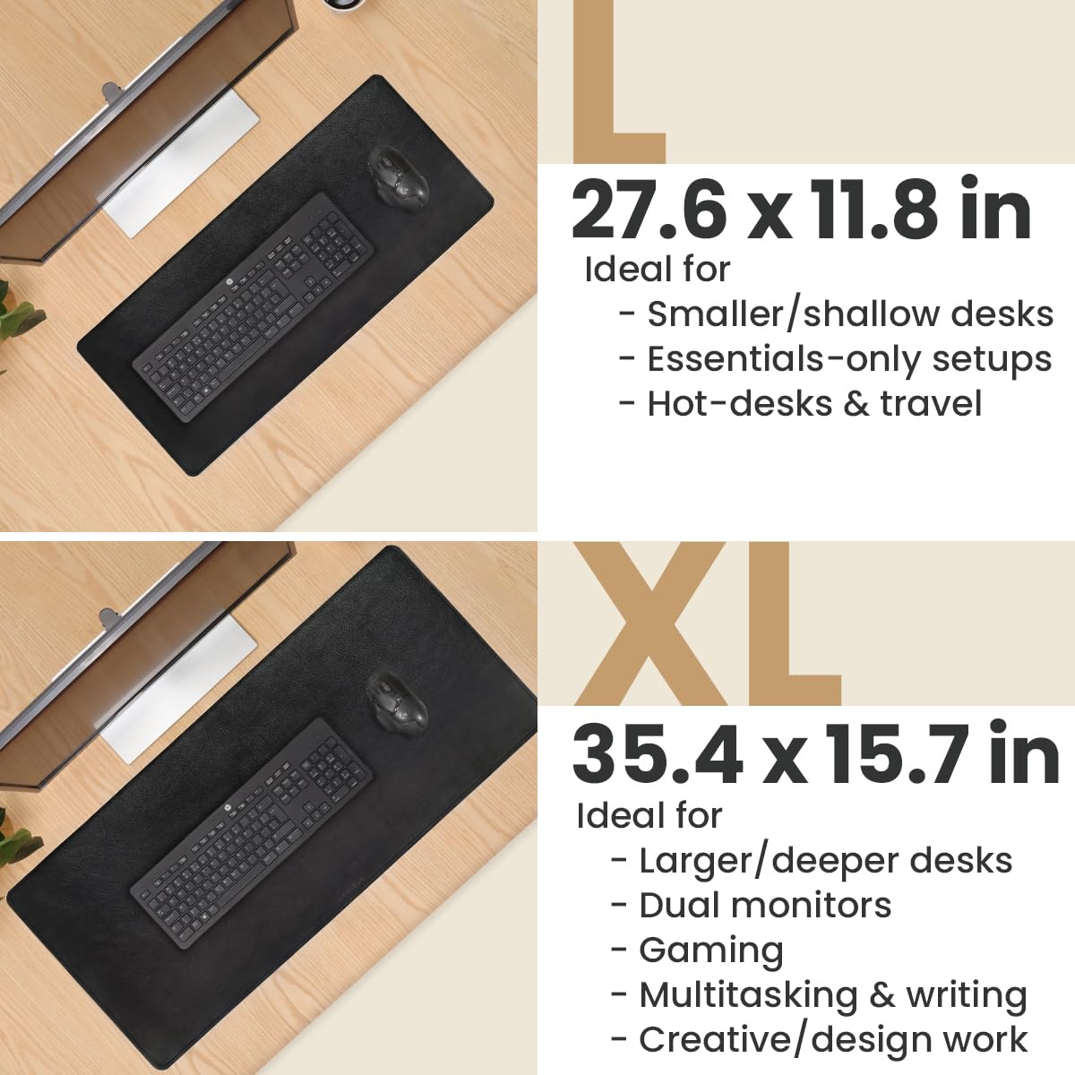 DAREhue Full Grain Genuine Leather Desk Pad – Black (XL) - Premium Desk Mat with Non-Slip Backing, Thick 3mm, Office Desk Protector for Work & Gaming (Extra Large 35.4 x 15.7 inch)