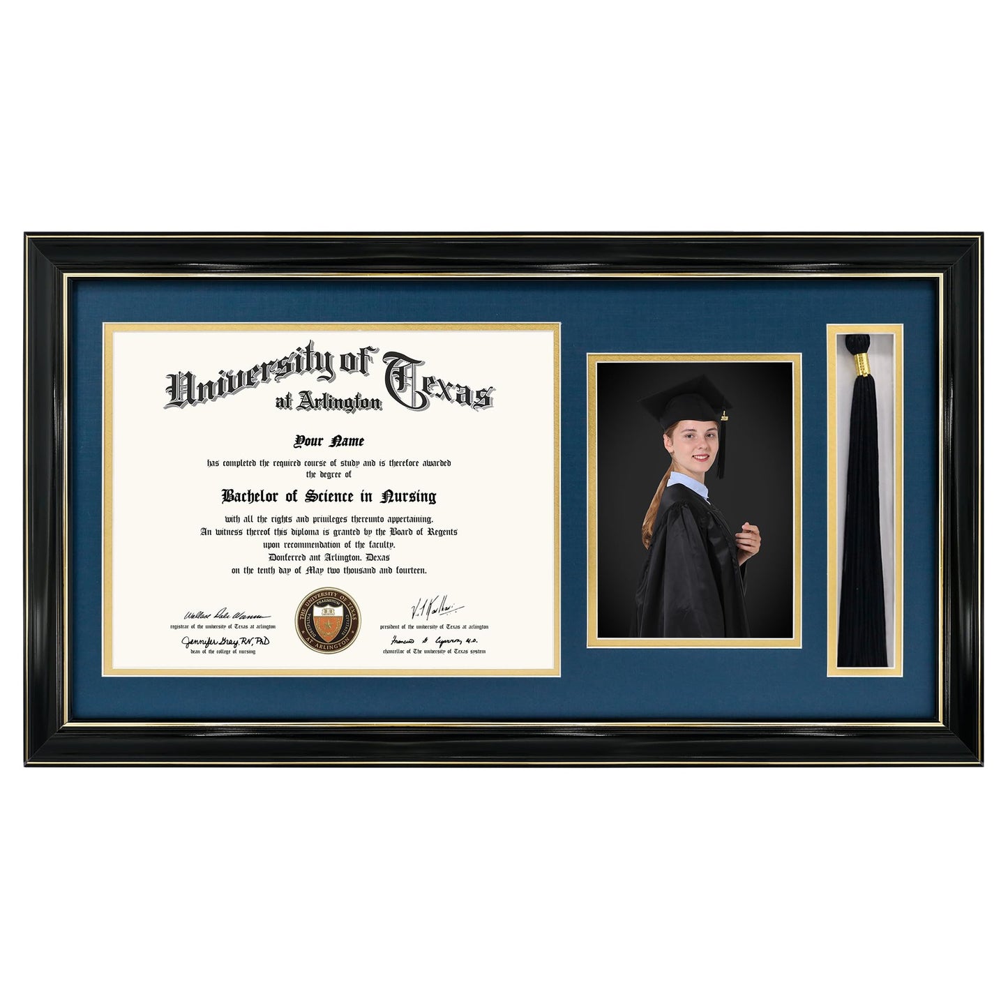GraduationMall 11x22 Black Diploma Frame with Tassel Holder and Picture for 8.5x11 Certificate 5x7 Photo,Tempered Glass,Navy over Gold Mat