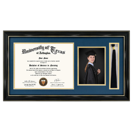GraduationMall 11x22 Black Diploma Frame with Tassel Holder and Picture for 8.5x11 Certificate 5x7 Photo,Tempered Glass,Navy over Gold Mat