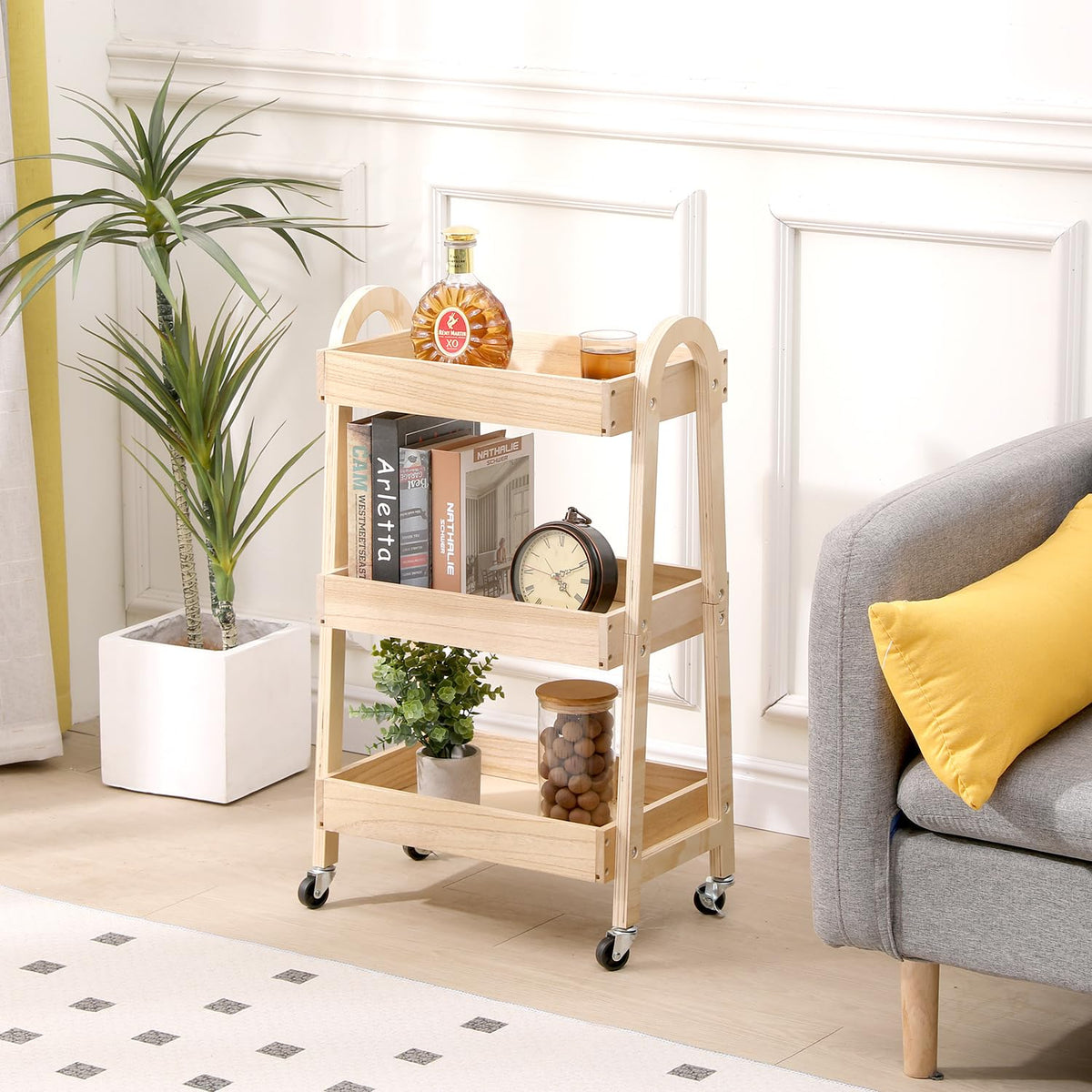 3-Tier Wooden Rolling Cart- Wooden Utility Cart wit Wheels- Utility Rolling Cart-Storage Trolley Organizer- Rolling Kitchen Cart Serving Cart for Office,Kitchen, Kids' Room (natural wood color)
