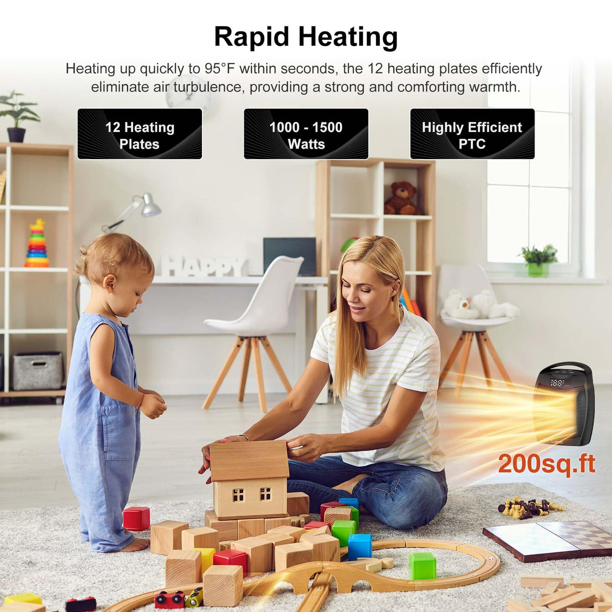 Portable Ceramic Space Heater 1500W, Fast Heating, Digital Display with Touch Controls, Built-in Handle, Overheat and Tip-Over Protection, Ideal for Home, Bedroom, and Office Heating