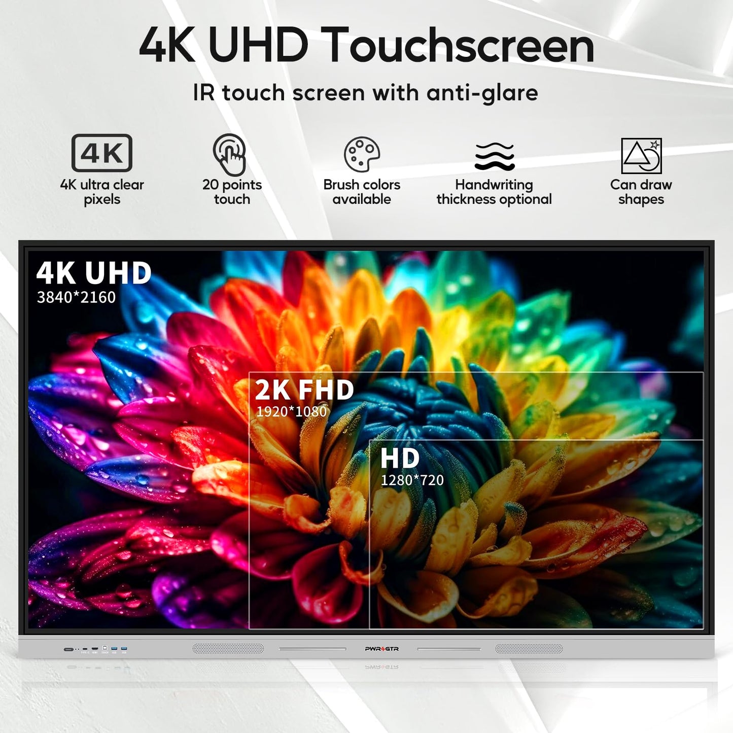PWR4GTR Smart Board | 55" Interactive Whiteboard | 4K UHD | Android 14 | 8+128GB | Digital Whiteboard, Electronic White Board for Classroom Home Office | Wall Mount Included