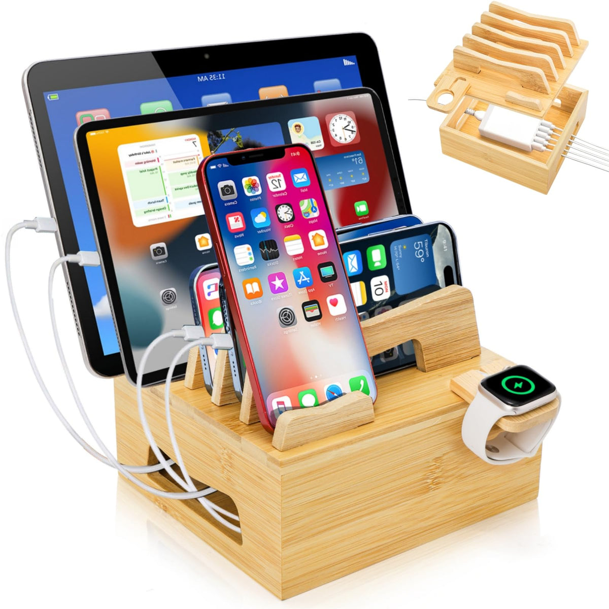 Acshio Bamboo Charging Station for Multi Devices, Small Desktop Docking Stand, Cell Phone Docking Station Charger Organizer for Tablets, Smart Watch (No USB Charger No Charging Cables)