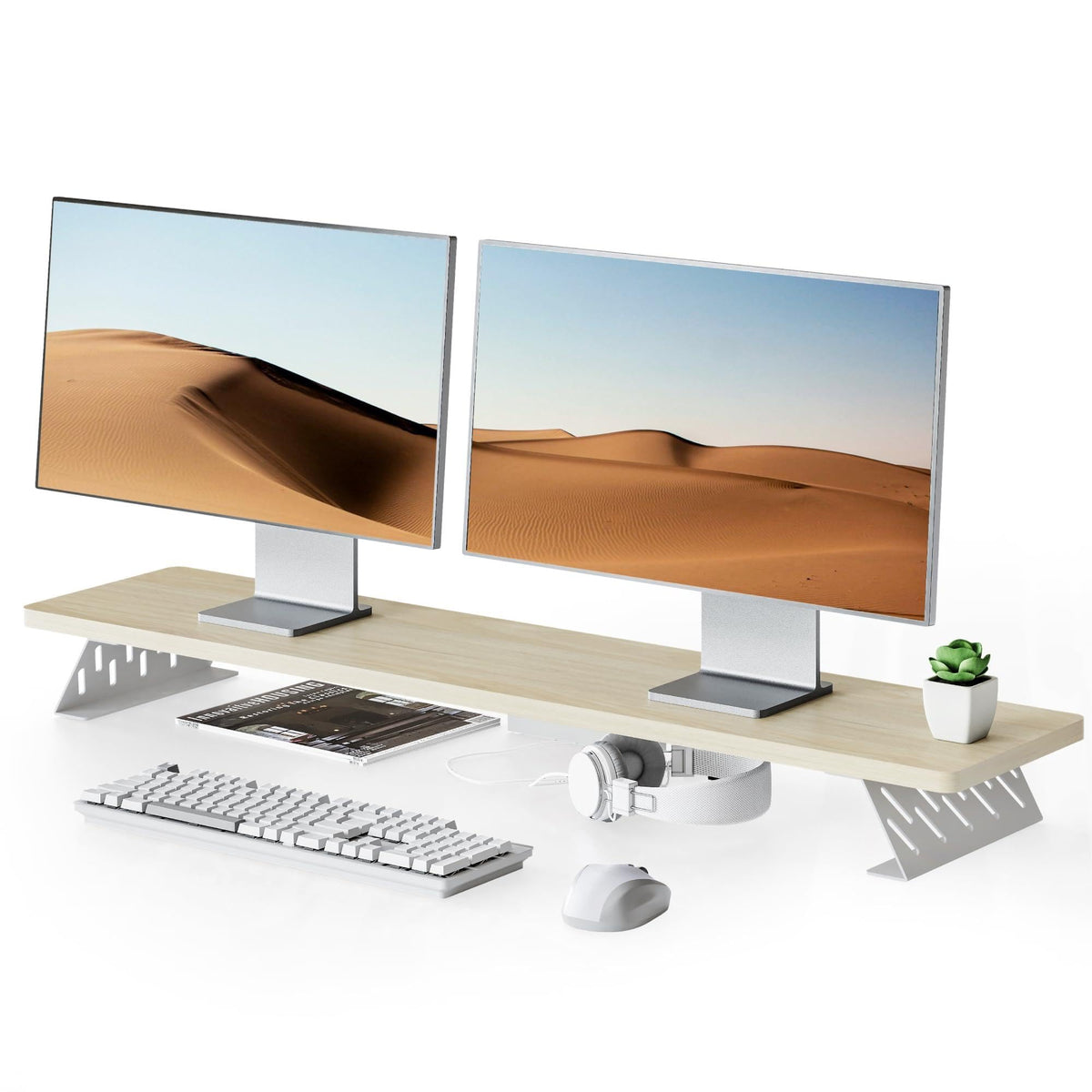 Fenge Dual Monitor Stand Riser, 42.5 Inch Desk Top Shelf for 2 Monitors, Computer Stands for Desk, Wood & Steel Desktop Riser for Laptop, PC, Printer