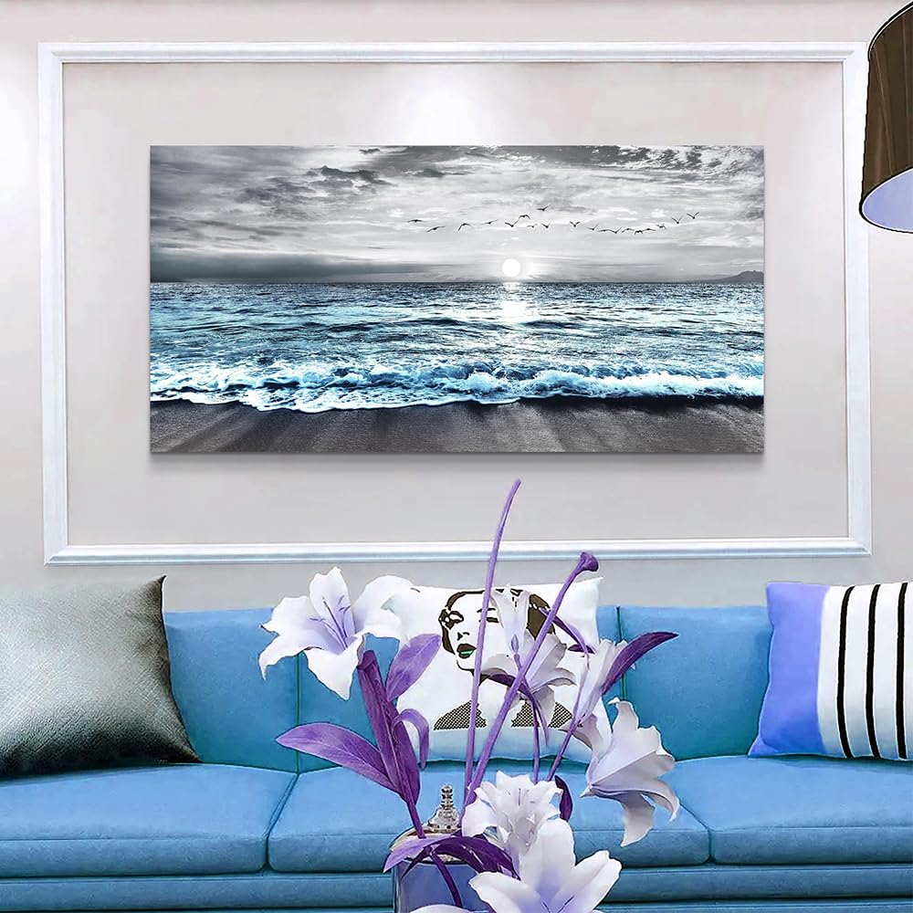 Wapluam Large Canvas Wall Art For Living Room & Bedroom Decor - Black & White Blue Sea Wave Pictures - Framed Beach Posters