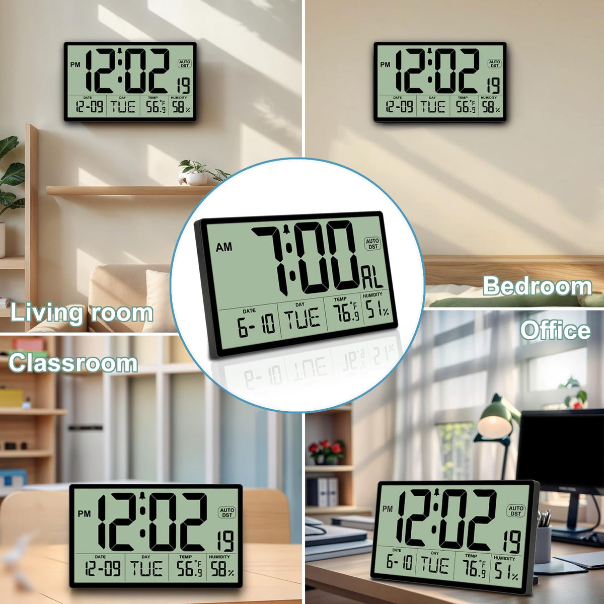 9‘’ Narrow Bezels Battery Operated Digital Wall Clock with Temperature and Humidity - Auto DST, Large 2⅝'' Digits, 5-Level Volume Alarm (3 AA Included) - Wall Mount/Desktop for Office Bedroom Kitchen