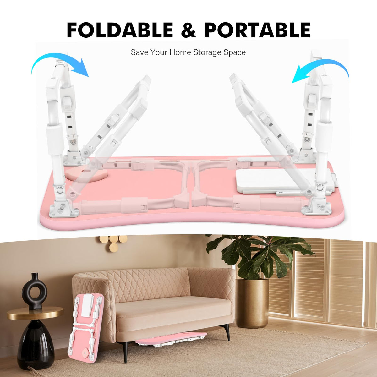 Lap Desk for Bed Adjustable Height, Foldable Bed Table with Storage Drawer, Tablet Slot & Cup Holder, Portable Laptop Stand for Bed & Sofa, Bed Desk for Adults & Kids, Pink