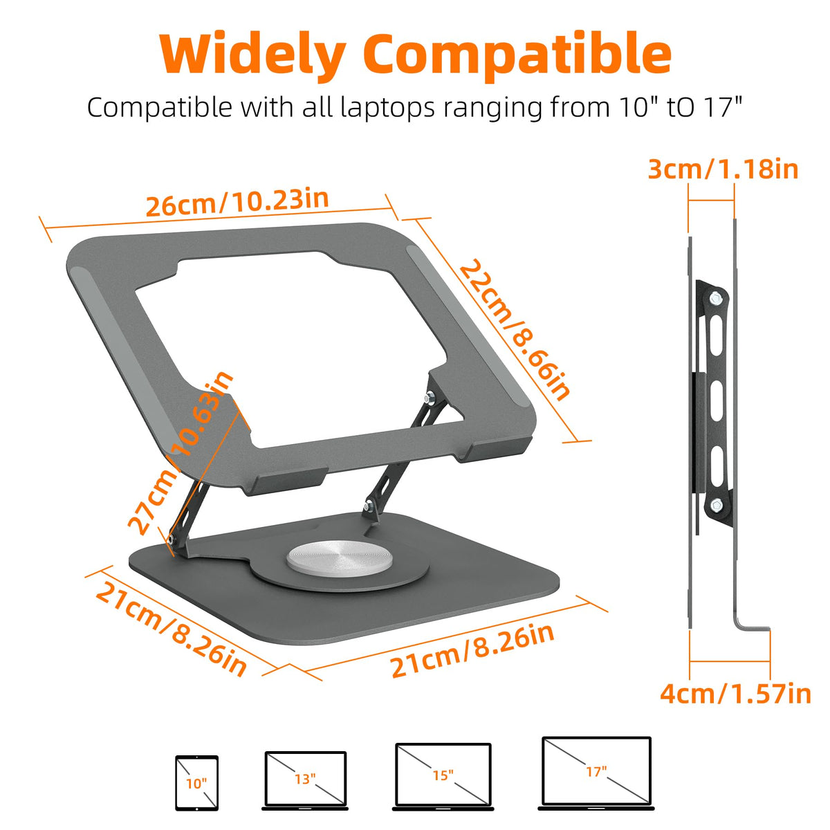 Adjustable Laptop Stand for Desk, Laptop Riser with 360 Rotating Base, Ergonomic Laptop Holder for Desk, Foldable Portable for Office & Home Compatible with MacBook Air Pro, Dell, HP (10-17.3'')