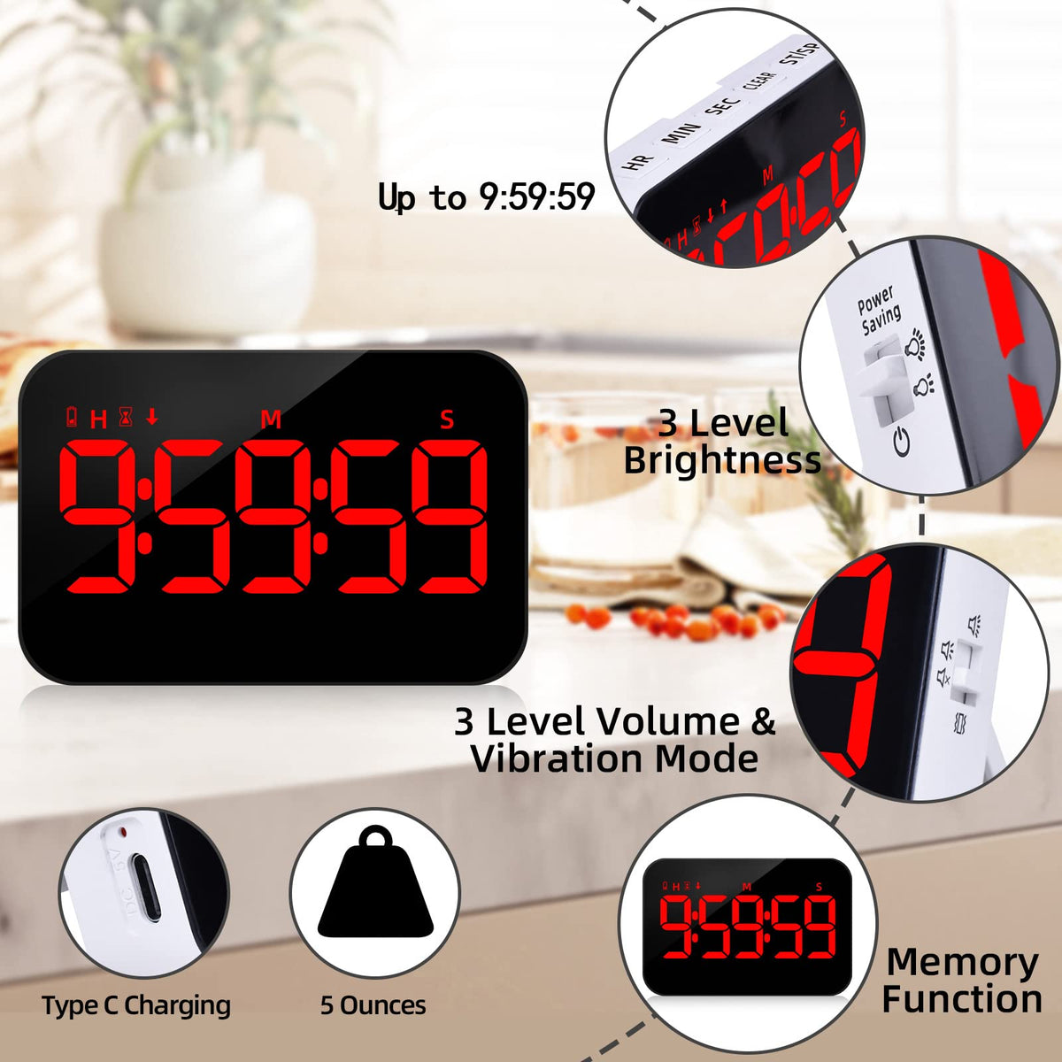 PERSUPER Digital Timer Kitchen Timer Count Down Up Rechargeable Kitchen Gadgets Vibration Mode Adjustable Volume and Brightness LED Display Time Management for Cook, Desk, Kids Adults Study Teaching
