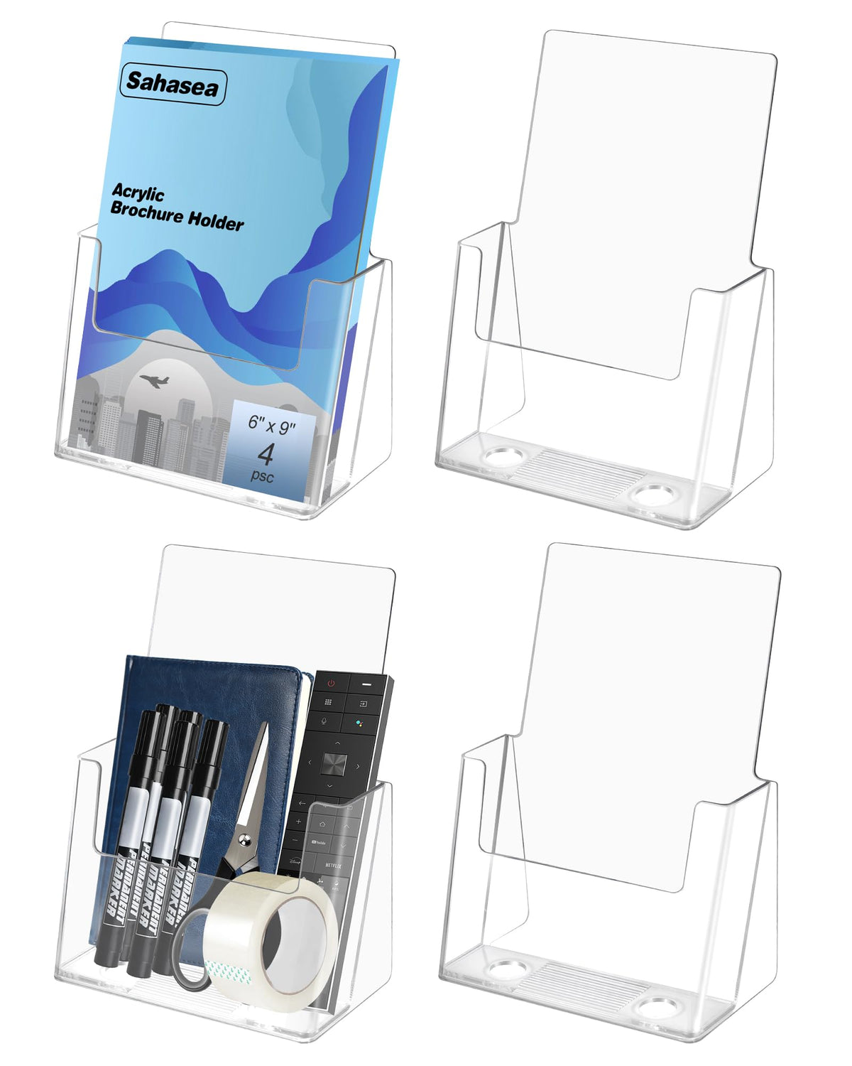 Sahasea Acrylic Brochure Holder 6 x 9 inch, 4 Pack Flyer Holder Compatible with 4 x 6, 4 x 9, 6 x 8, 8.5 x 5.5 inch, Clear Sign Holder for Store, Office, Real Estate, Menu, Literature Displaying