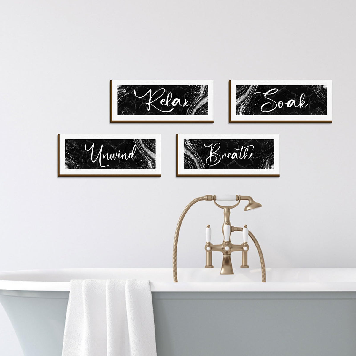 Bathroom Wall Decor 4 Pieces - Modern Marble Relax Soak Unwind Breathe Signs - Elegant Spa Bathroom Wall Art - Minimalist Wooden Plaque Set for Bathtub Home Decor Housewarming Gift