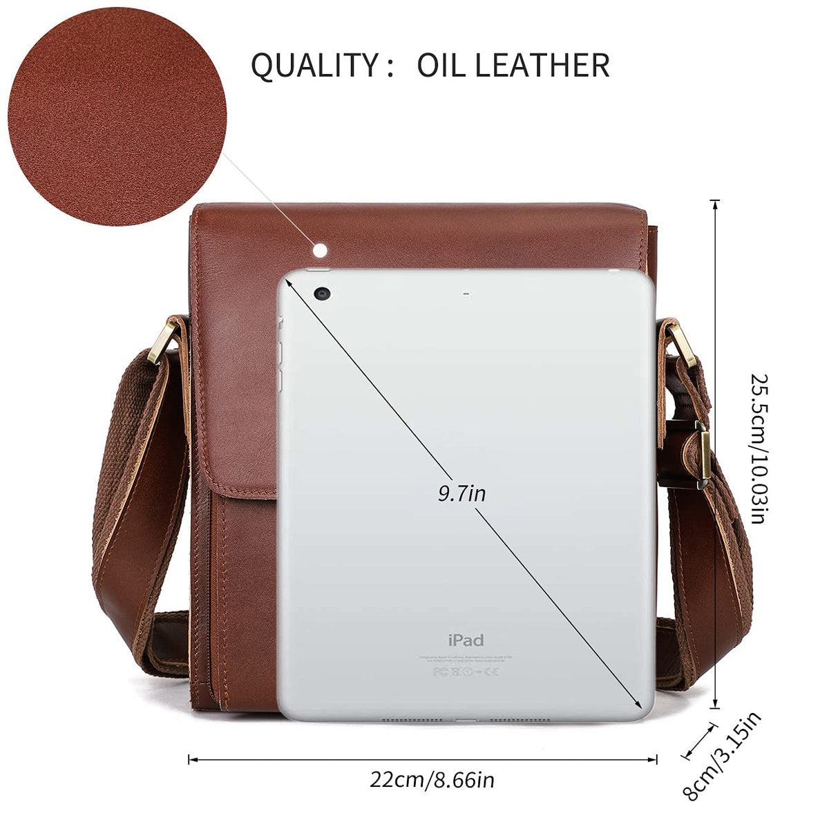 Augus Leather Messenger Shoulder Crossbody Bag for Men Work Business Vintage Magnetic Buckle Big Capacity Adjustable straps (Brown red)
