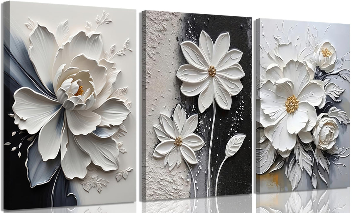 3Pcs Modern Abstract Floral Canvas Wall Art White and Black Flowers Wall Decor Pictures Elegant Daisy Poster Print Paintings for Office Living Room Bedroom Bathroom Home Decoration 12"x16"