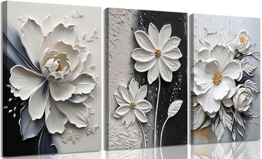 3Pcs Modern Abstract Floral Canvas Wall Art White and Black Flowers Wall Decor Pictures Elegant Daisy Poster Print Paintings for Office Living Room Bedroom Bathroom Home Decoration 12"x16"