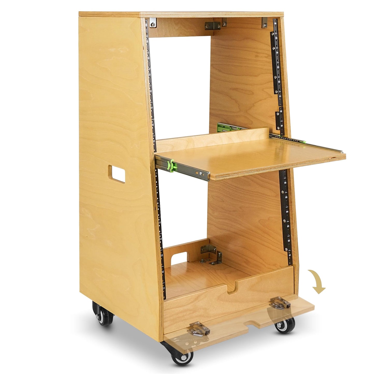Sound Town DIY Slanted 16U Studio Rack (8U Top + 8U Lower), with 2U Bottom Storage, Slide-Out Tray, Caster, Plywood, Golden Oak for Recording Room, Home Studio (SDRK-ST16T)