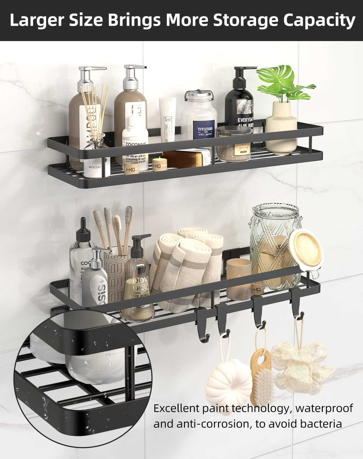 Spice Rack Organizer Wall Mount - 15.7in 2Pack [Upgraded Version] Hanging Seasoning Organizer Shelf with Paper Towel Holder, Storage for Cabinet or Wall Mounted with 4 Strong Hooks (Simple black)