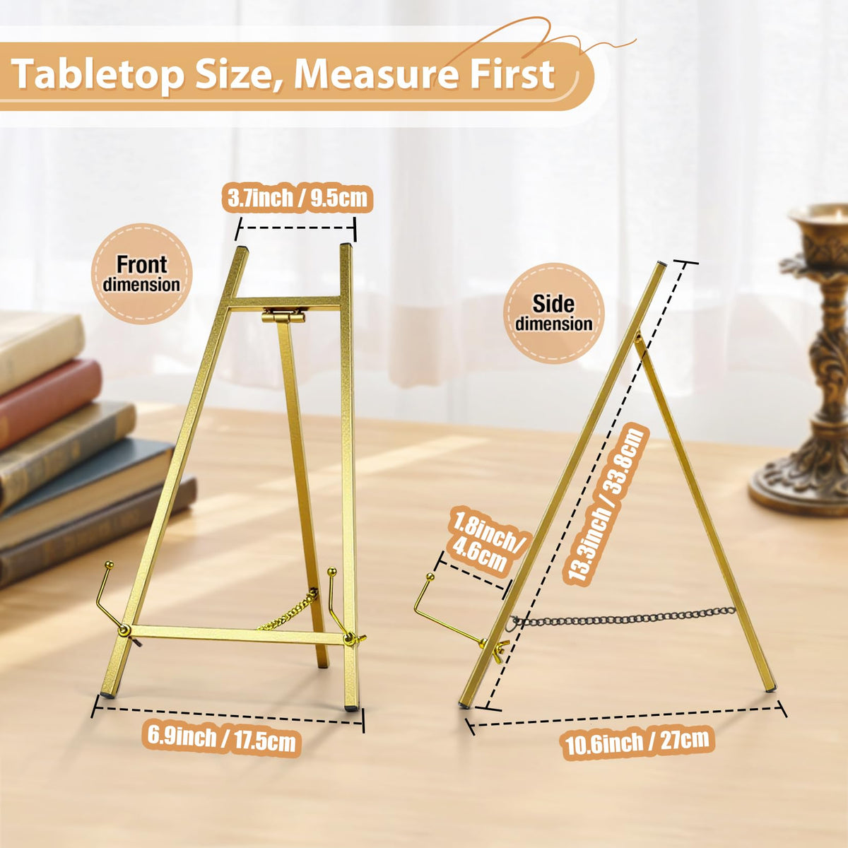 BeeCoAoo 13.3" Metal Easel Stand for Sign – Elegant Table Top Easel for Display, Heavy Duty Tabletop Picture Easel Stand for Wedding Sign, Picture Frame, and Art (Gold)