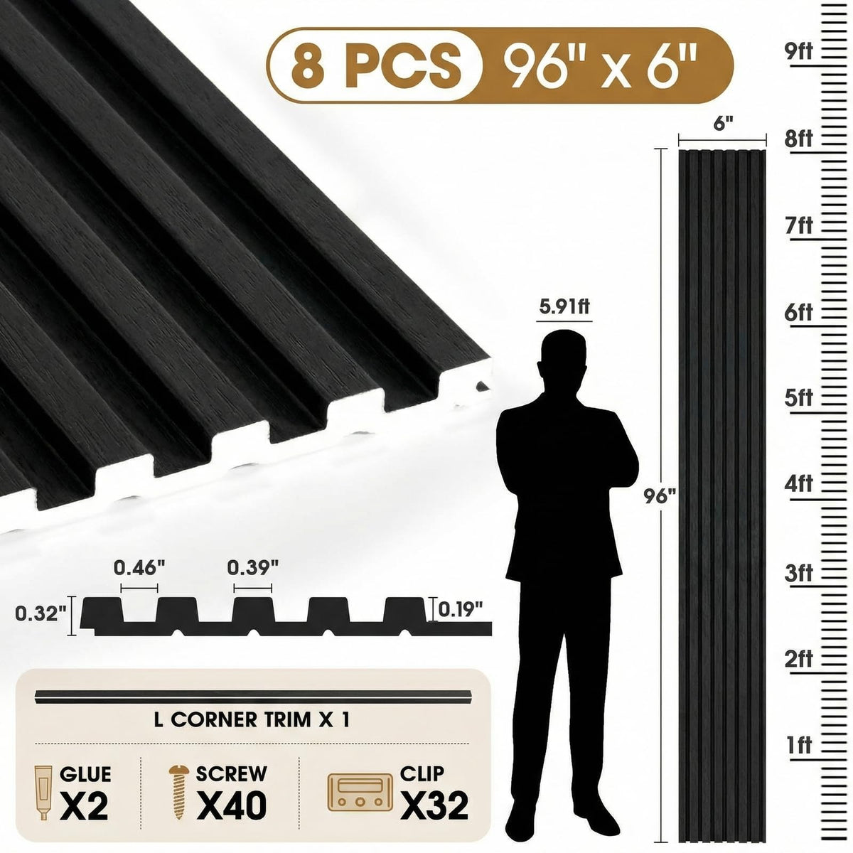 LARWORKS WPC Acoustic Slat Wall Panels 8-Pack 96'' x 6'', Accent 3D Wall Panel for Interior Wall Decor, Waterproof Fluted Textured Panel Wall Slats,Solid Black (Cover Approx.32 sq.ft)