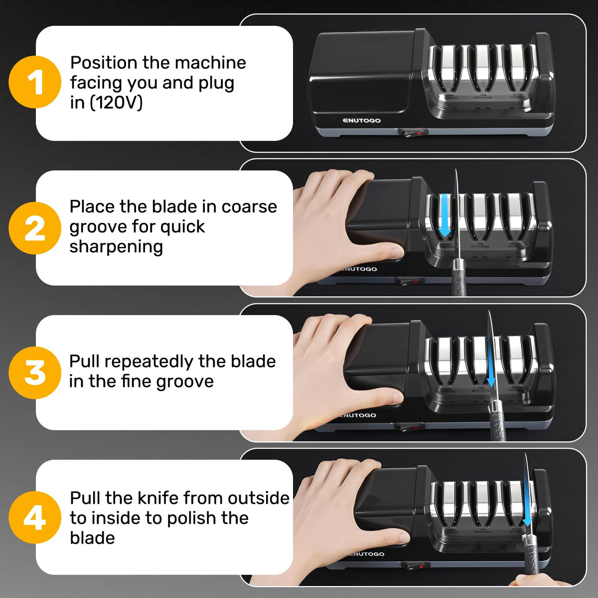 Enutogo Knife Sharpener, 3-Stage Electric Knife Sharpener for Kitchen Knives, 100% Diamond Abrasive with Quick Sharpening & Polishing, Professional Sharpening Tool with Metal Dust Collection Box