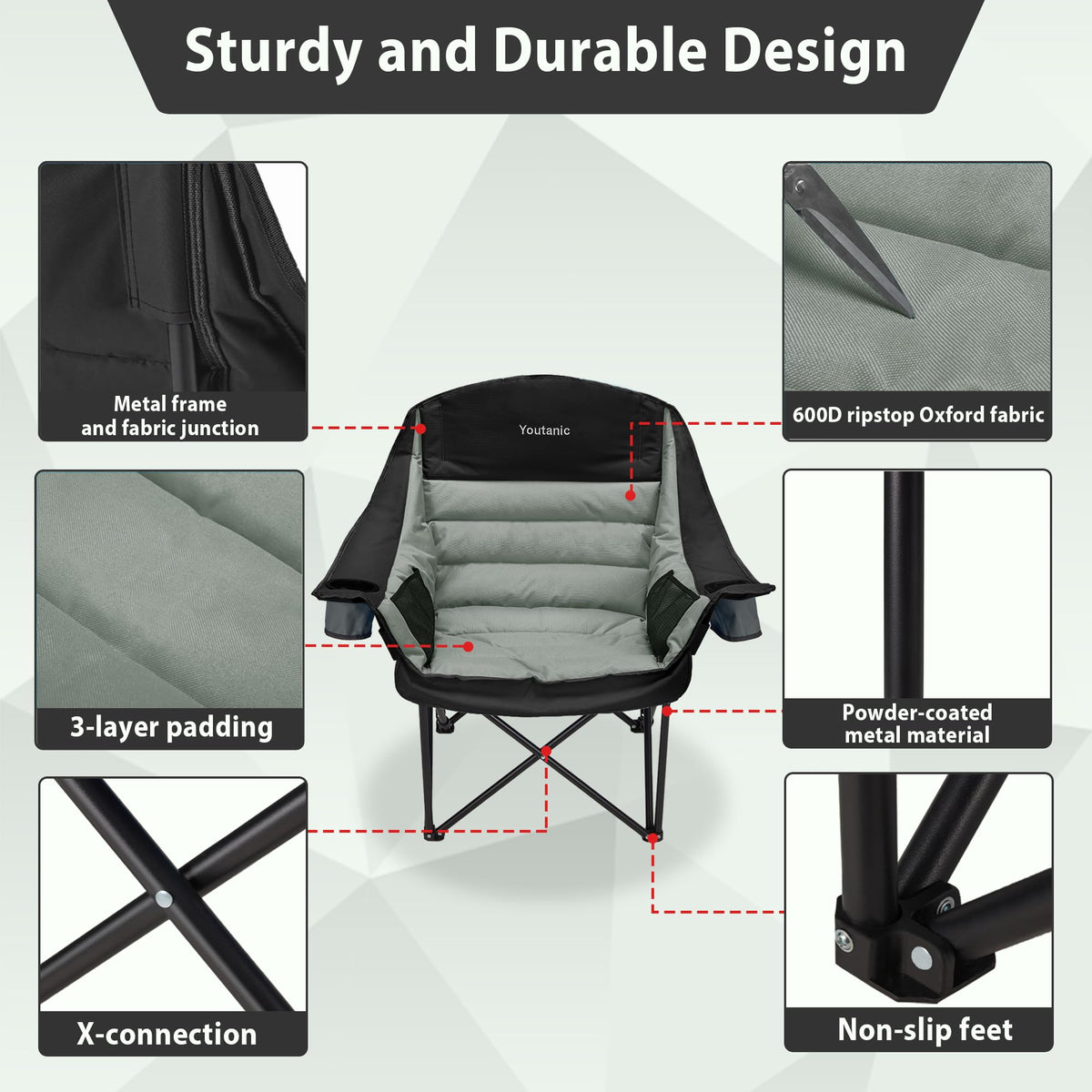 Youtanic Oversized Camping Chair, Portable Folding Camping Chairs with Side Pocket, Cup Holder and Carry Bag, Heavy Duty Outdoor Camping Chairs for Adults, Fishing, Sports, Trip, up to 400lbs, Style 4