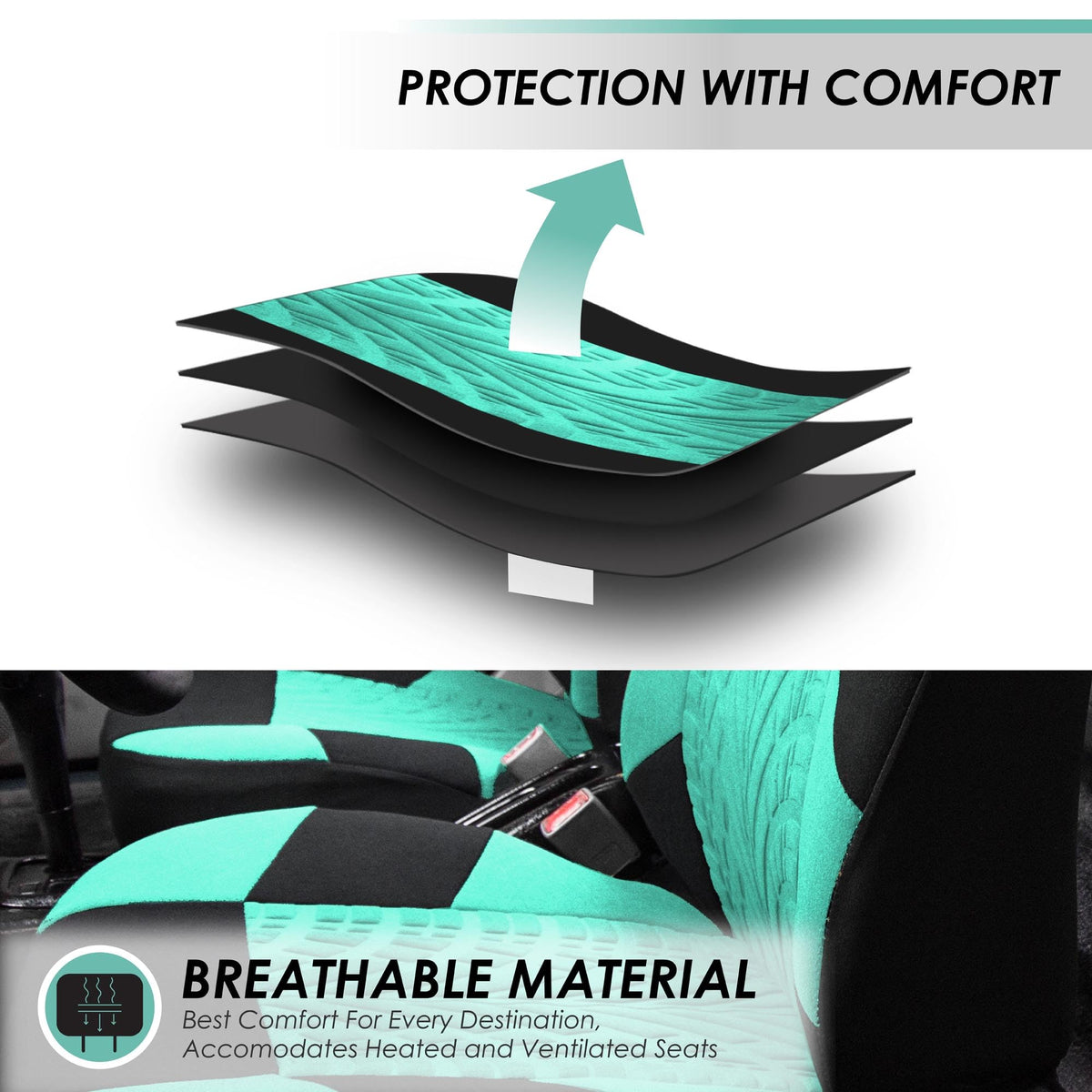FH Group Full Set Premium Cloth Car Seat Covers - Universal Fit, Low Back Front Seat Covers, Airbag Compatible, Split Bench Rear Seat, Washable Seat Cover for SUV, Sedan, Mint