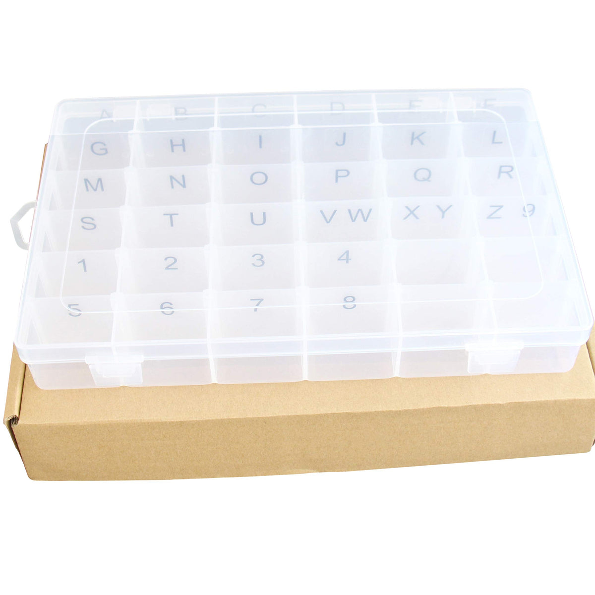 Plastic Organizer Container Box with Adjustable Dividers - 36 Compartments for Letter Board Letters - Stickers Pre Applied to Dividers