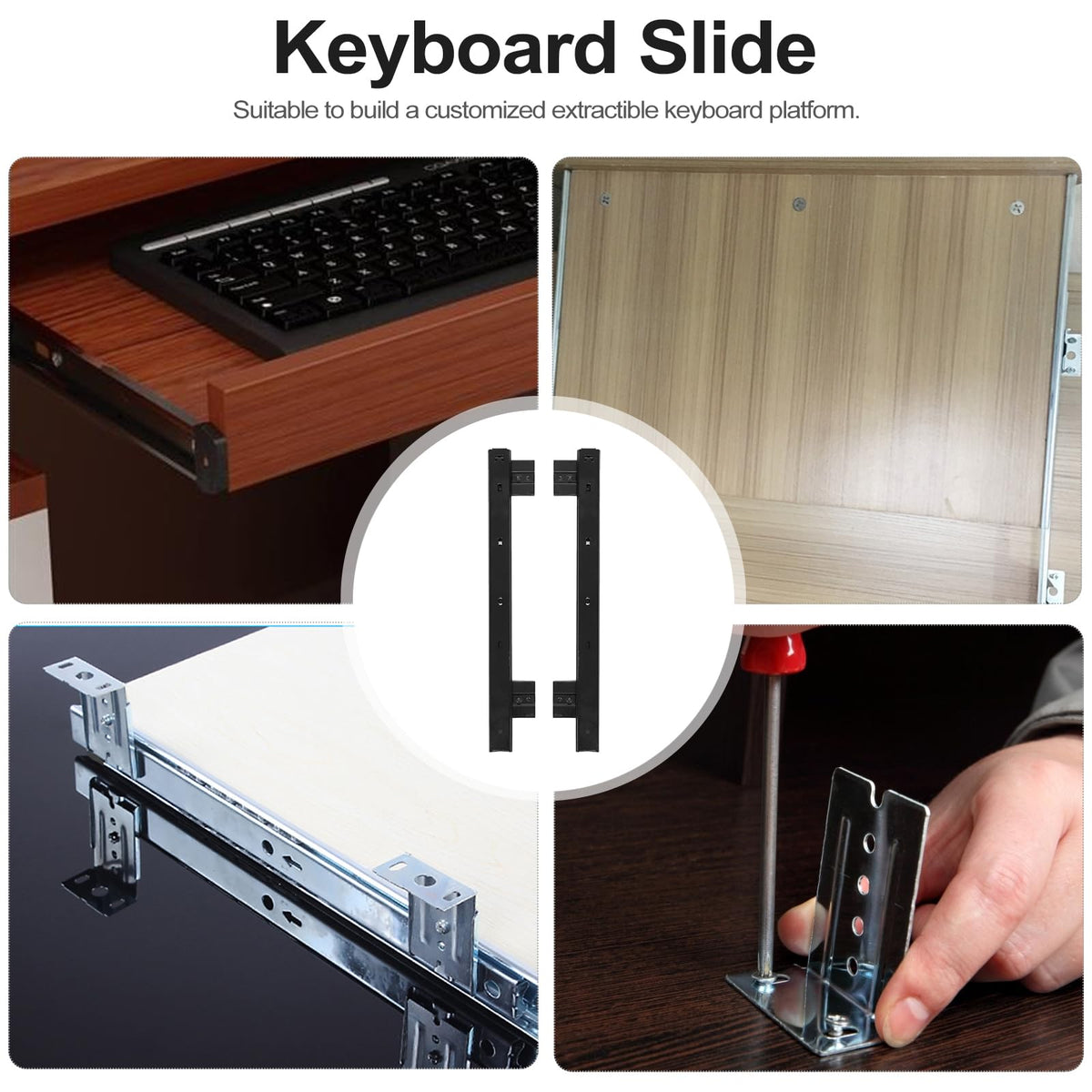 Veemoon Under Desk Keyboard Sliding Rails, 14-23 Inch Ball Bearing Slides Hardware Kit Pull Out Computer Keyboard Tray Slides Adjustable Hanging Rail Bracket Telescopic Drawer Runners (27MM Width)
