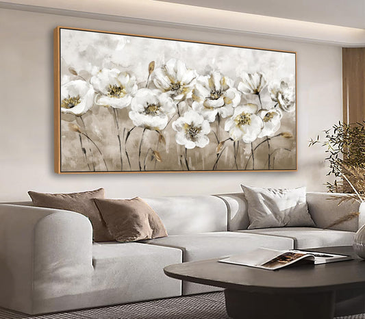 Yupano Large Flowers Framed Wall Art 29x58in Vintage White Floral Blossom Canvas Painting Pictures Retro Brown Plants Artwork Prints for Living Room Bedroom Home Office Wall Decor - Natural Framed