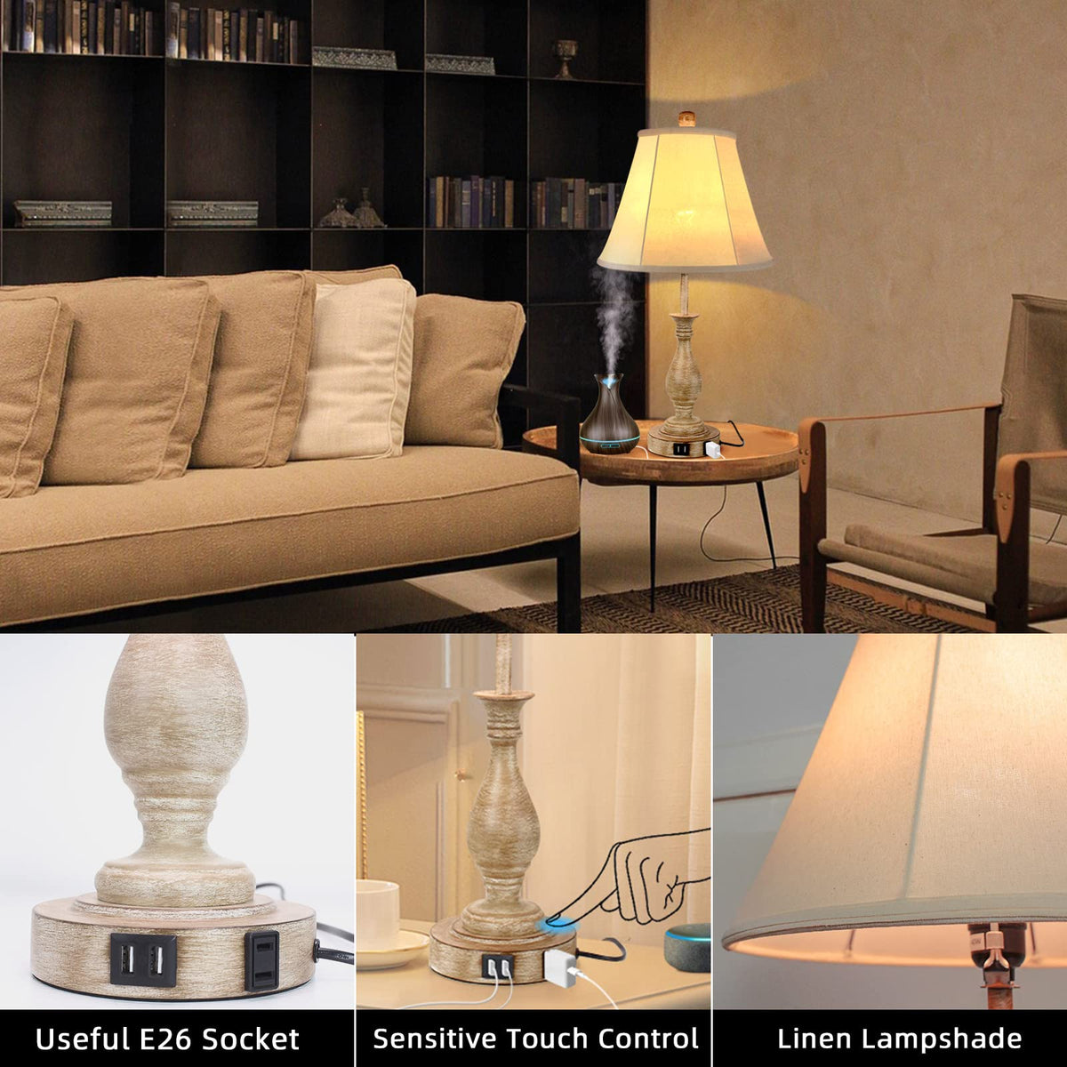 LALISU Farmhouse Table Lamp Touch Control 3-Way Dimmable Table Lamp, Modern Nightstand Lamp with 2 USB Port Bedside Desk Lamp with Fabric Shade for Living Room Bedroom Hotel (Pack 1-Beige Shade)