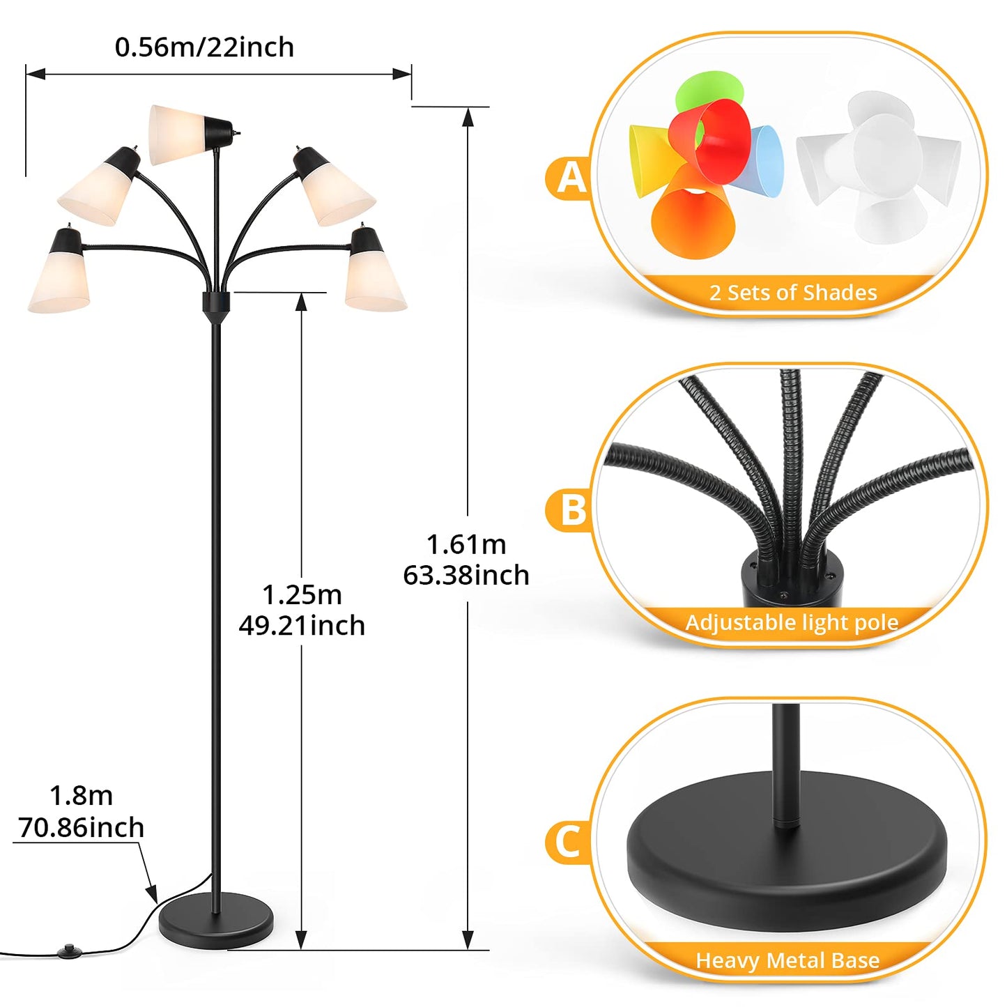 FOLKSMATE LED Floor Lamp, Medusa Multi Head Modern Tall, Rustic Adjustable Reading Standing Light for Living/Kids Room, Bedroom, Black