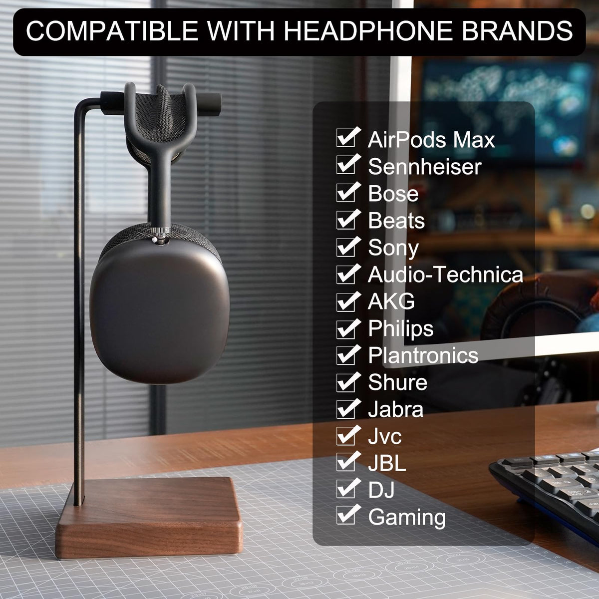 GEVO Headphone Stand Headset Holder - Headset Metal Mount Rack for Desk with Walnut Wooden Square Base for Gaming, AirPod Max, Bose, Sony, Razer, Jabra, JBL