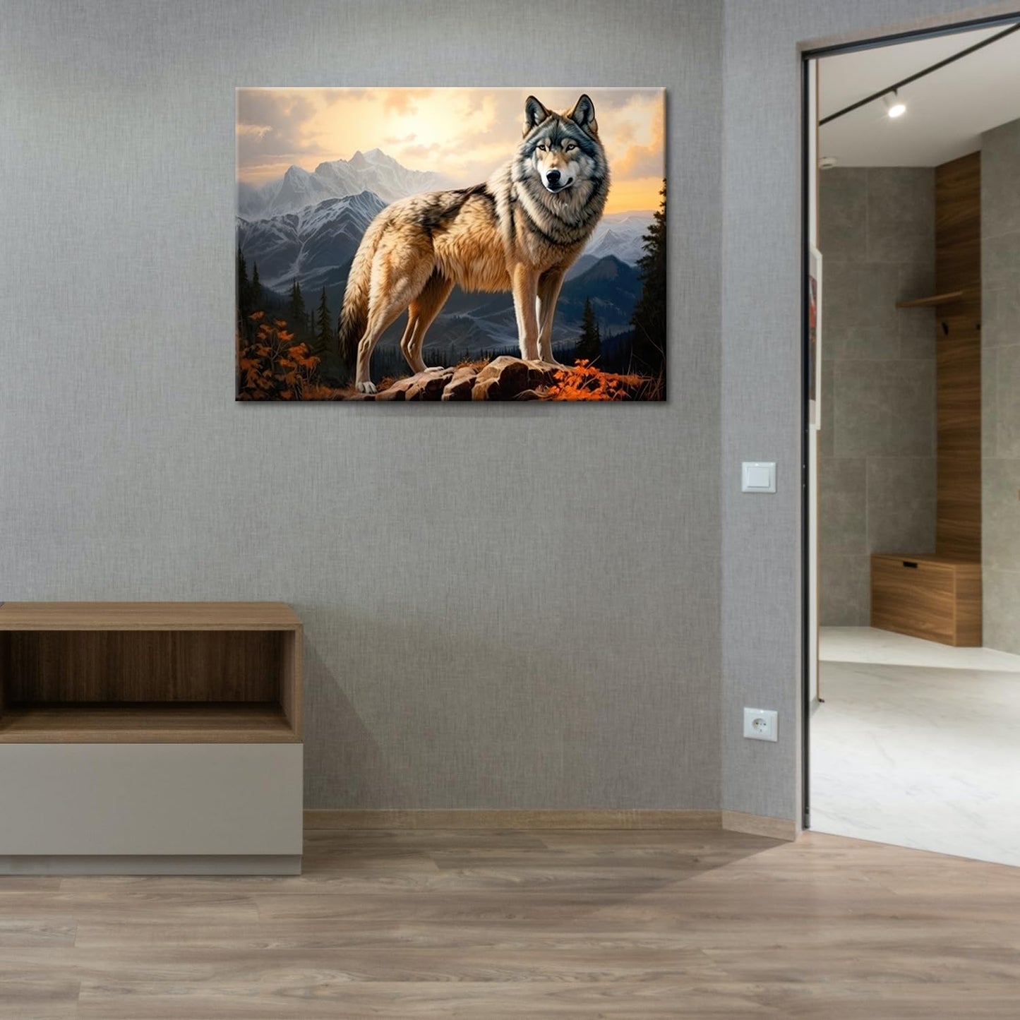 Wolf Wall Art Canvas Wolf in the Mountains Wildlife Landscape Forest Rocky Poster Artwork Framed Modern Home Office Bathroom Living Room Decor
