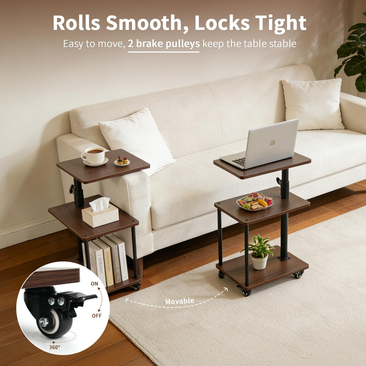 Bingyouth 360° Swivel Side Table with Storage, Height Adjustable, Smooth-Rolling Wheels, C-Shaped End Table for Couch/Sofa, Recliner, Living Room, Walnut-Look