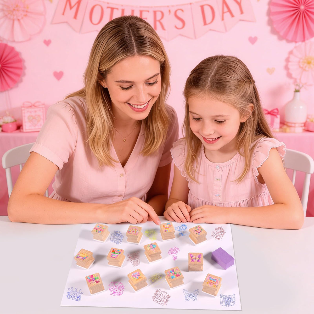 HOWAF 12pcs Mother's Day Wooden Stamps, Happy Mother's Day Rubber Stamps for Crafting, Best Mom Craft Inking Stamp Pads Set for Crafting and DIY Scrapbooking Card Making Hand Book