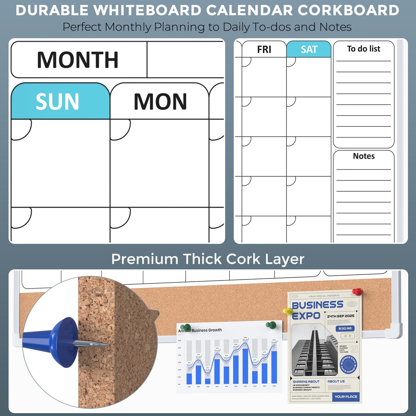 MaxGear Monthly Calendar Whiteboard for Wall, 24" x 18" Double-Sided White Board Calendar with Bulletin Board, Dry Erase Cork Board Combo, Hanging Dry Erase Board for Office Home Kitchen