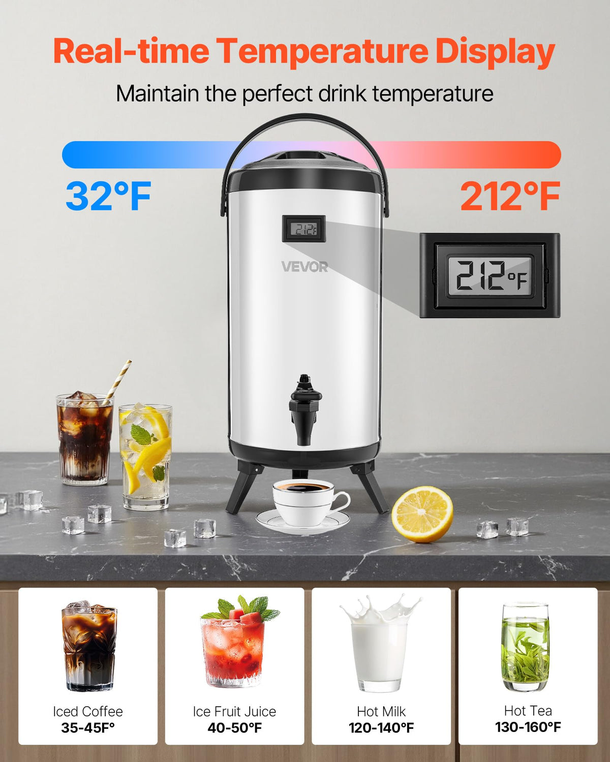 VEVOR Insulated Beverage Dispenser, 2.4 Gal/9.2L Stainless Steel Thermal Drink Server with Spigot & Temp Display, Suitable for Hot and Cold Drinks, for Tea Coffee Water in Cafes & Restaurants, Silver