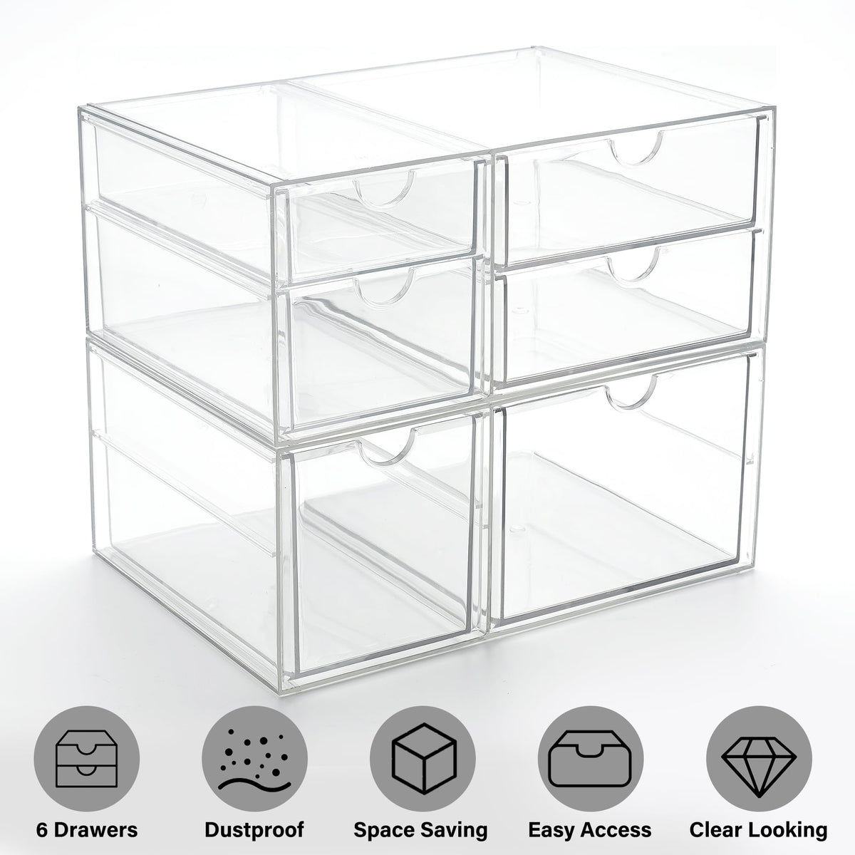 Prsildan Acrylic Drawer Makeup Organizer with 6 Drawers (Not for Baby Bottle), Set of 2 Office Desk Organizers Accessories, Clear Stackable Storage Drawers for Vanity, Craft (Largest Drawer 4" Tall)