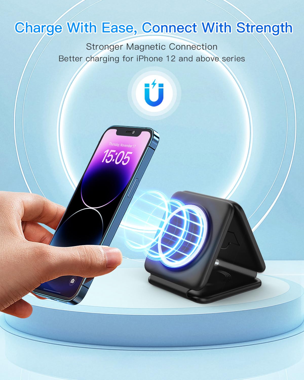 Magnetic Wireless Charger for iPhone: Fodable 3 in 1 Charging Station for Multiple Apple Devices - Travel Charging Pad Dock for Apple Watch iPhone 17 16 15 14 13 12 Pro Max Plus & Airpod