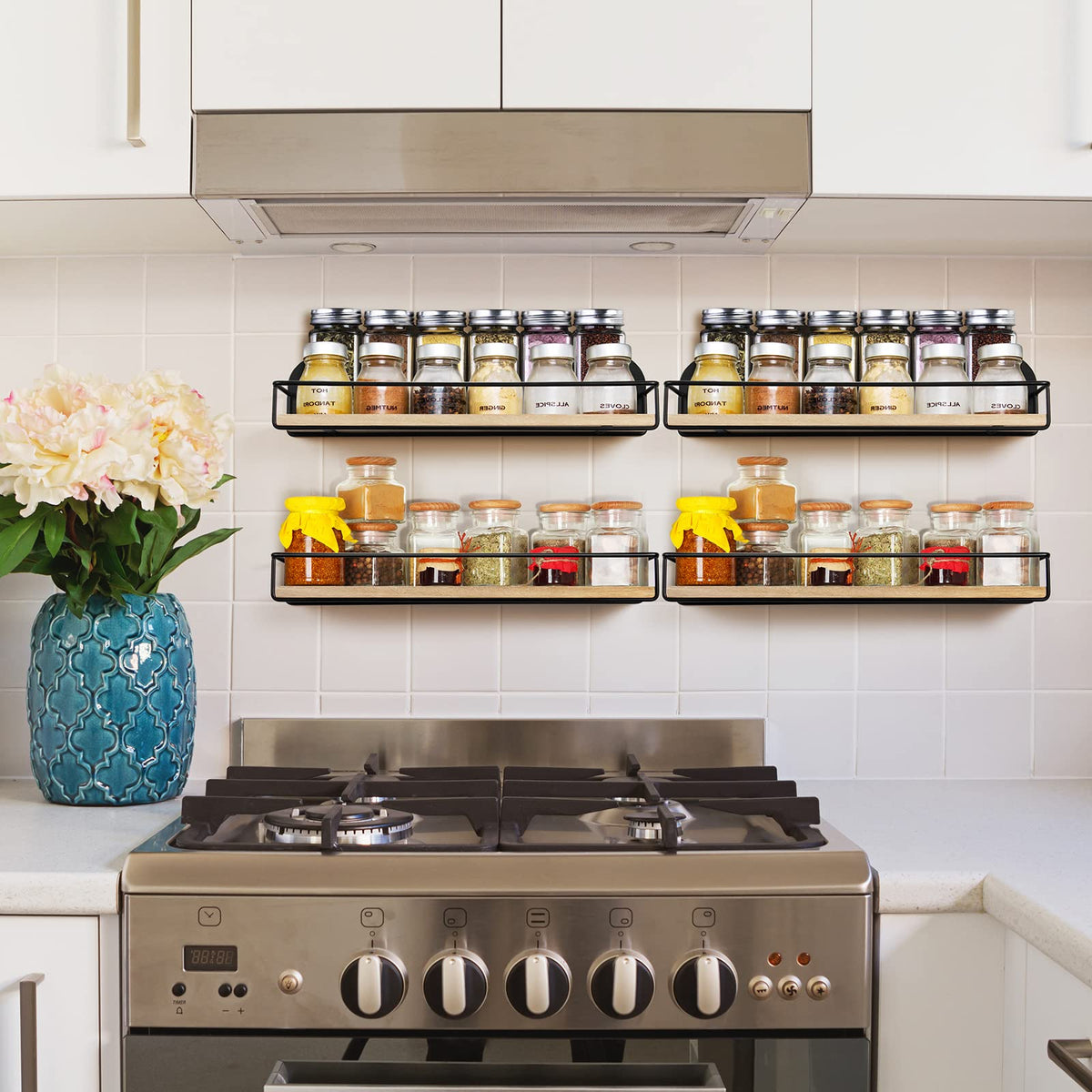 TJ.MOREE 4 Pack Spice Rack Wall Mounted Rustic Style Hanging Spice Organizer for Wall, Kitchen Spice Storage, Black