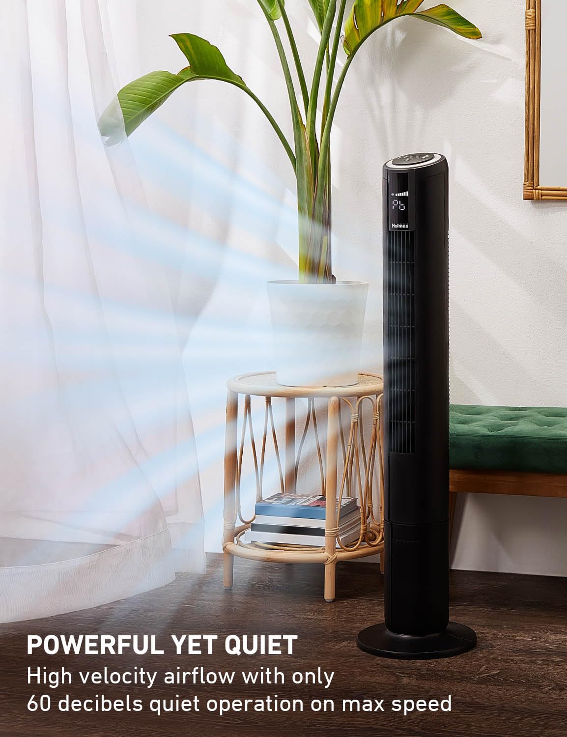 HOLMES 42" Digital Tower Fan with Accent Light, ClearRead Display, High/Low Brightness Level, 90° Oscillation, 5 Speeds, 4 Modes, 8-Hour Timer, Home, Bedroom or Office, Remote Control, Matte Black