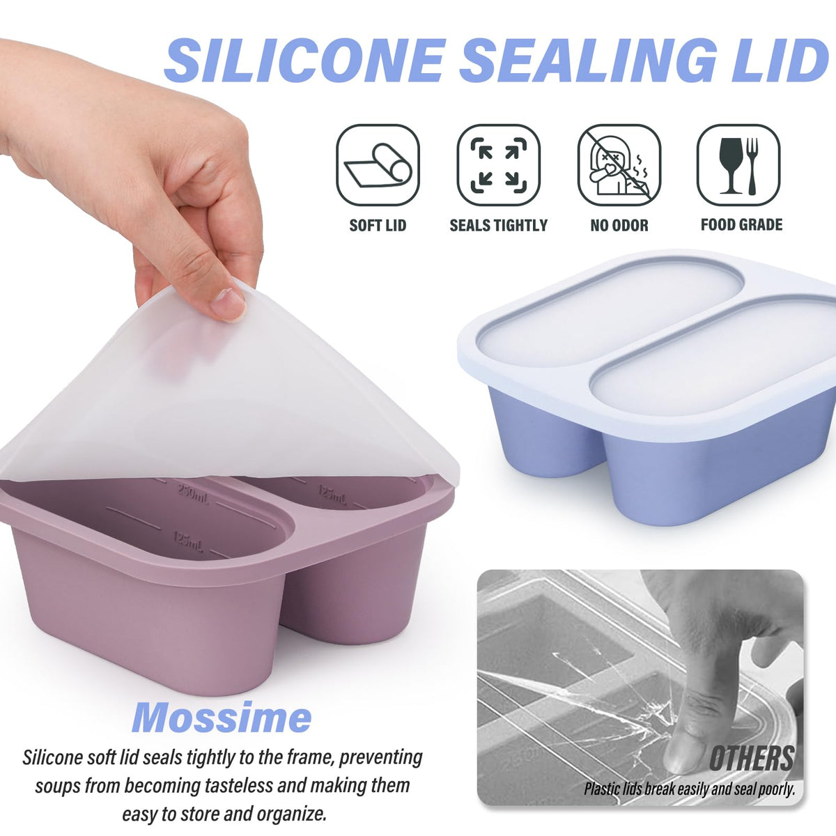Mossime Silicone Soup Freezer Molds: 1 Cup Silicone Freezer Trays with Lid - 4 Packs Easy Release Soup Freezer Containers - 250ml 125ml Portion Large Cubes for Ice Soup (4, Blue/Purple)