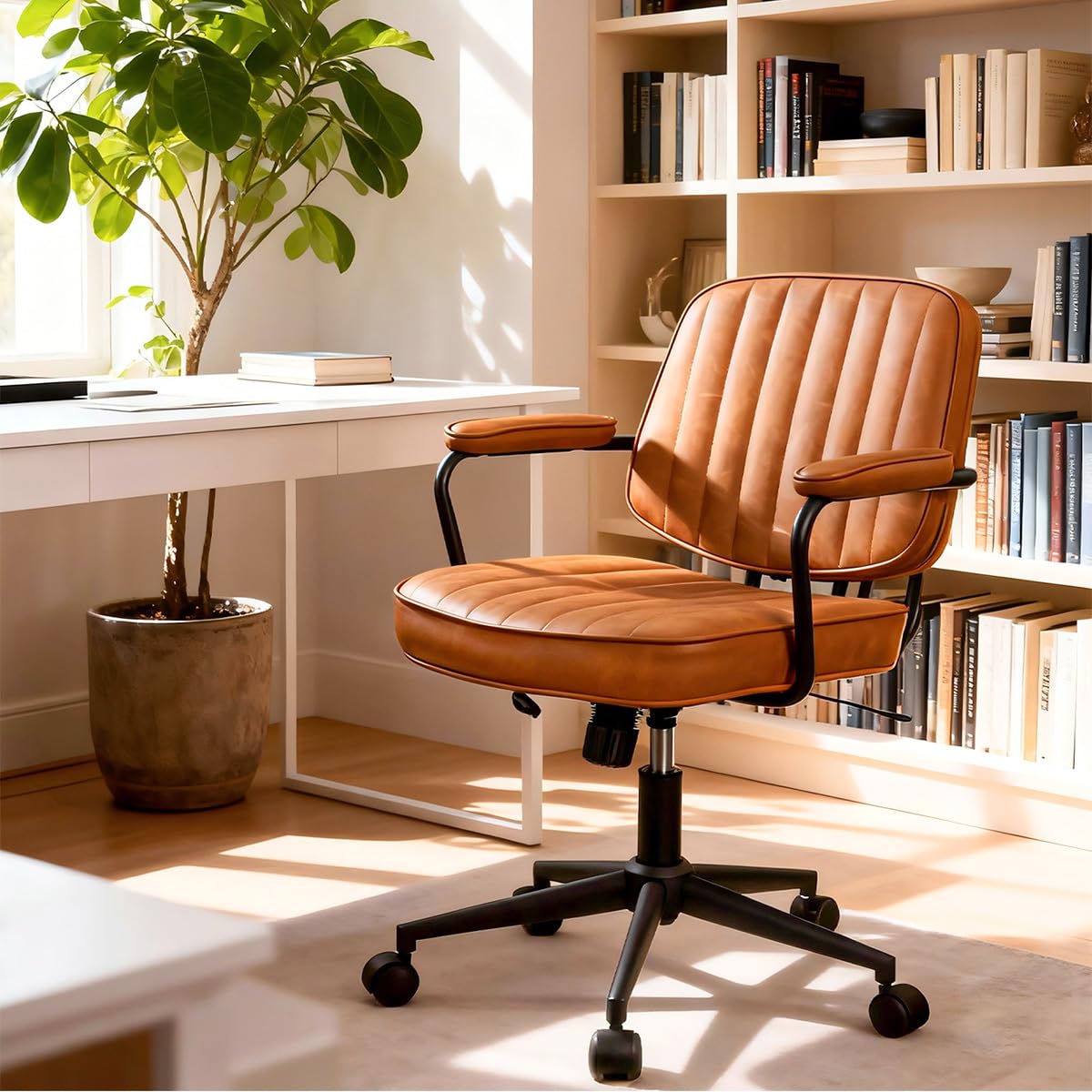 Artswish Mid Century Office Chair, Faux Leather Ergonomic Desk Chair with Arms, 360° Swivel Height Adjustable Computer Chair, Retro Home Office Task Chair with Wheels, Brown