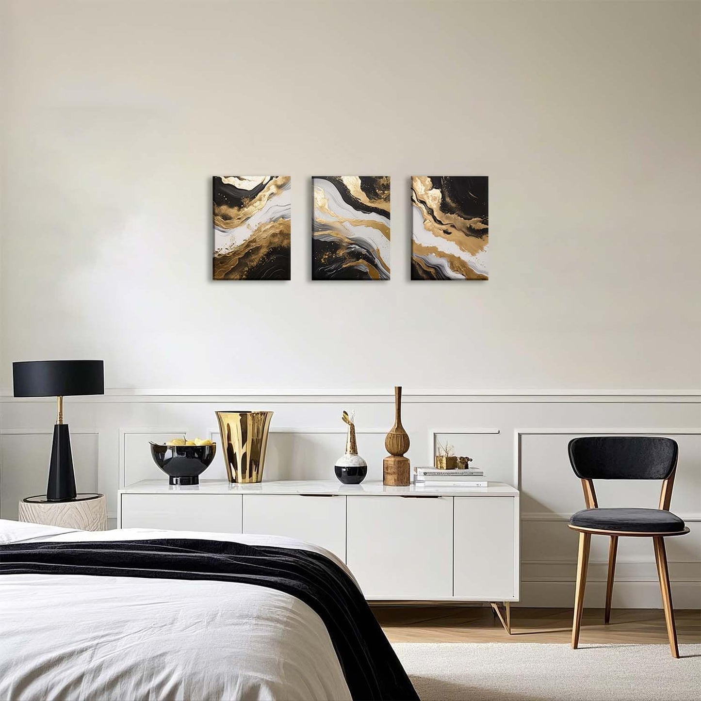 ZQARTZZQ 3 Piece Framed Wall Art Abstract Wall Decor Black Gold Pictures Marble Canvas Art Modern Minimalism Paintings Artwork For Living Room Bedroom Office 12x16in