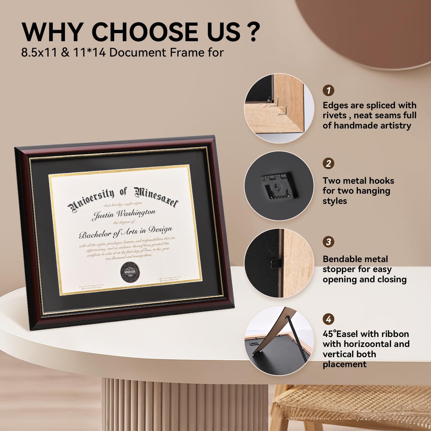 GAMYPET Solid Wood Diploma Frame 8.5 x 11 Certificate Frames with Black Mat or 11x14 Document without Mat as Graduation Picture Frame