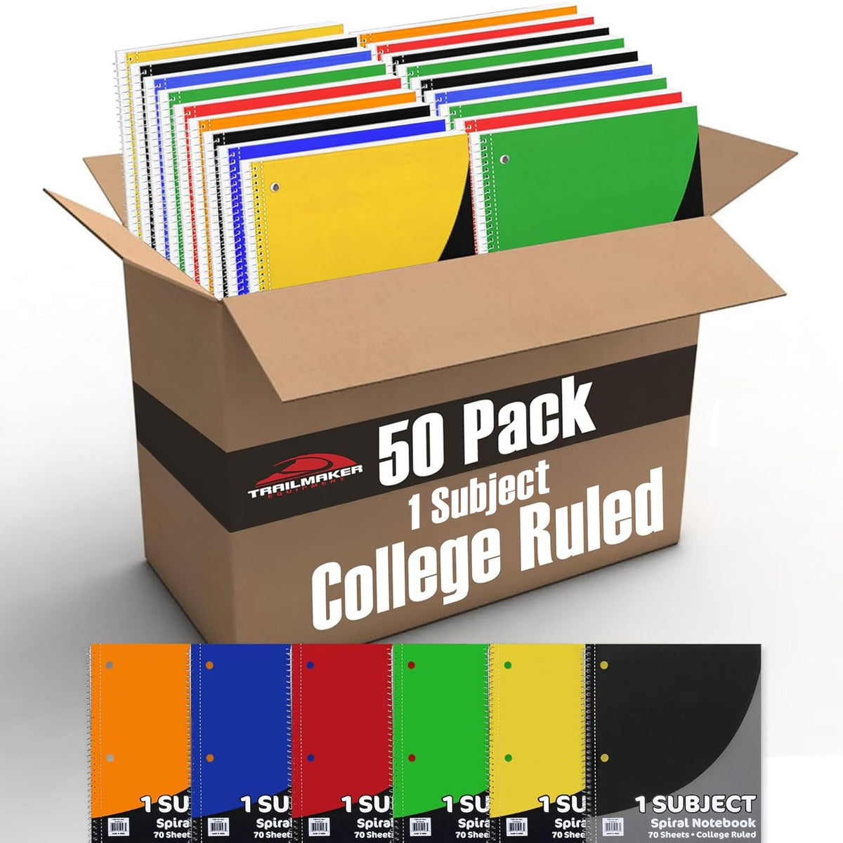 Trail maker Bulk Notebooks (50 Pack), One Subject Notebooks College Ruled, 140 Pages (70 Sheets),Spiral Bulk Notebooks for Kids, School Supplies, Journaling, Note Taking, Students, and Work