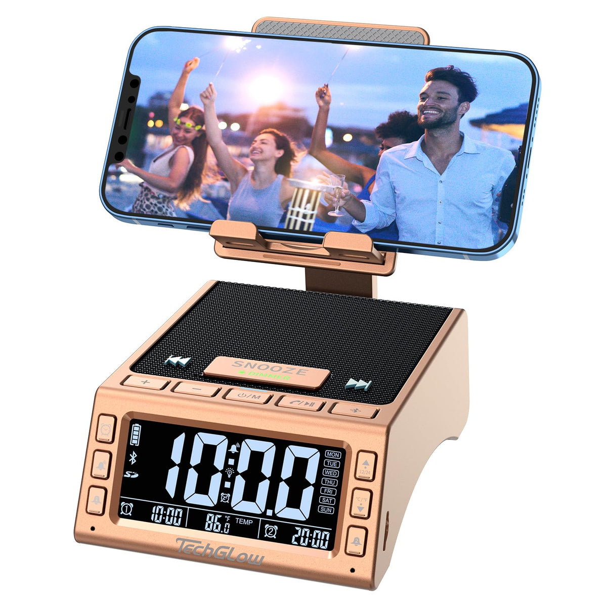 TechGlow Foldable Cellphone Stand with Bluetooth Speaker Charging Station Birthday Gifts for Men Women Mother Father Boy Girl Teens Cool Tech Gadgets-Rose Gold
