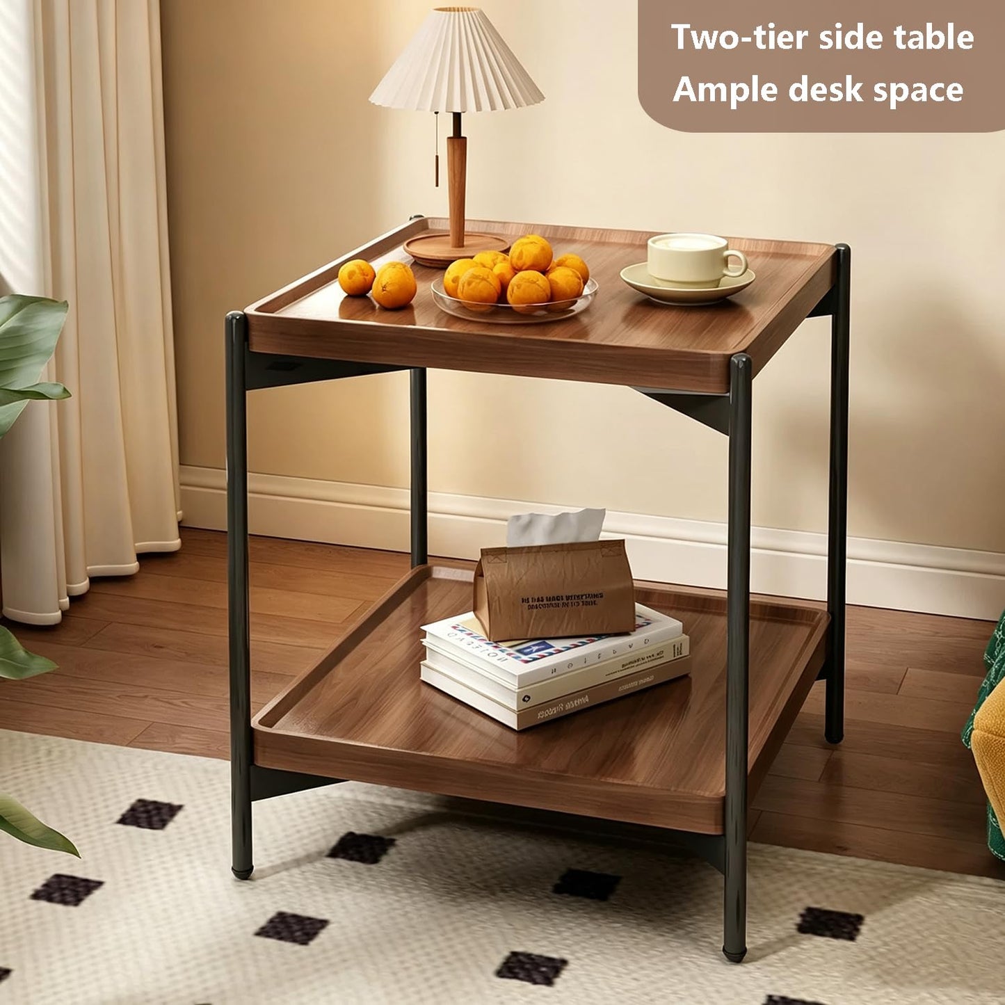 GTIWROTN 2 Tier Side Table, Small Square End Table with Sturdy Metal Legs, 20 inch Nightstand for Living Room, Bedroom, Office and Small Spaces (Walnut)