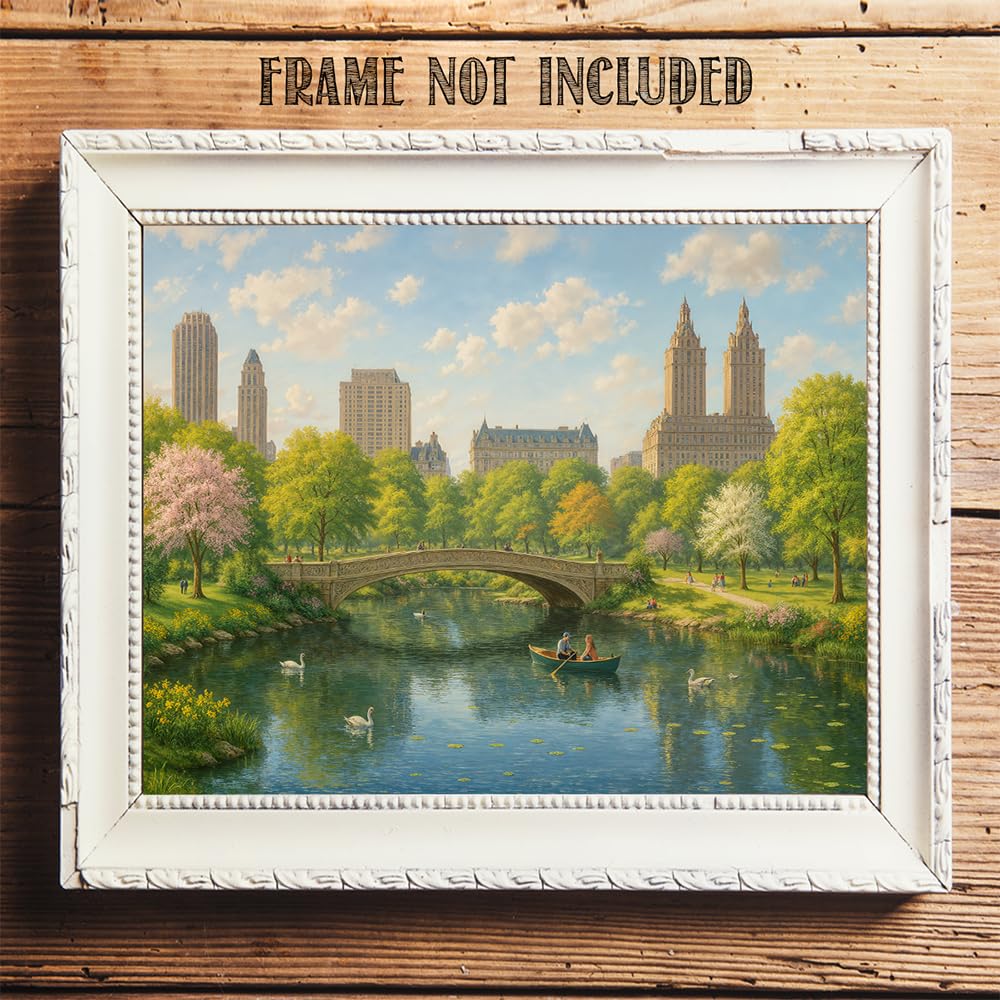 Romantic New York City Central Park in the Spring Painting 11x14 Unframed Poster – Classic Bow Bridge Artwork, NYC Landscape Print for Living Room, Bedroom, Home Office, Condo, or Apartment Décor
