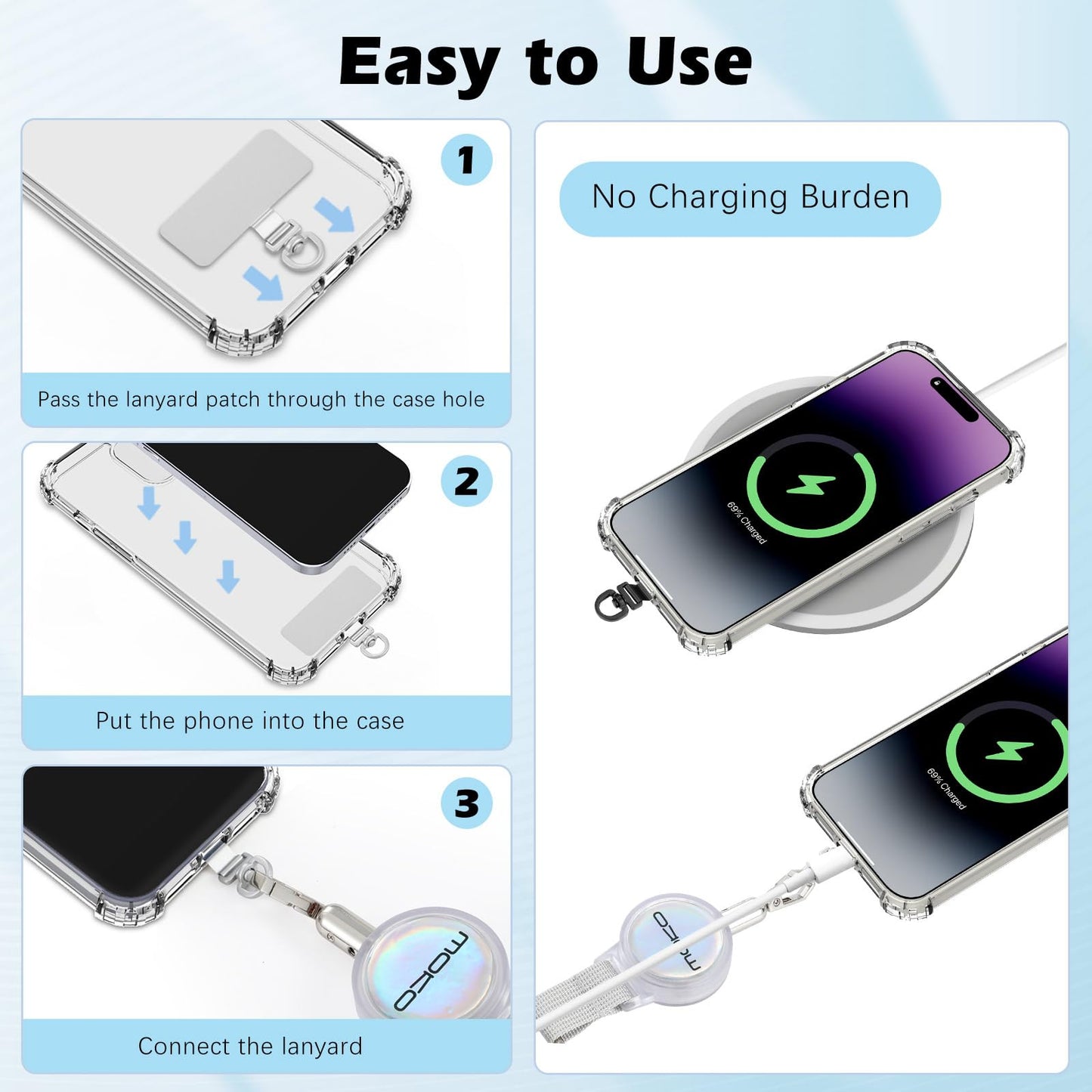 MoKo Anti-theft Phone Tether, Universal Phone Lanyard Retractable Steel Line Cellphone Strap with Locking Carabiner and Metal 360° Tether Tab for Outdoor Hiking Climbing Fishing, Transparent & Silver