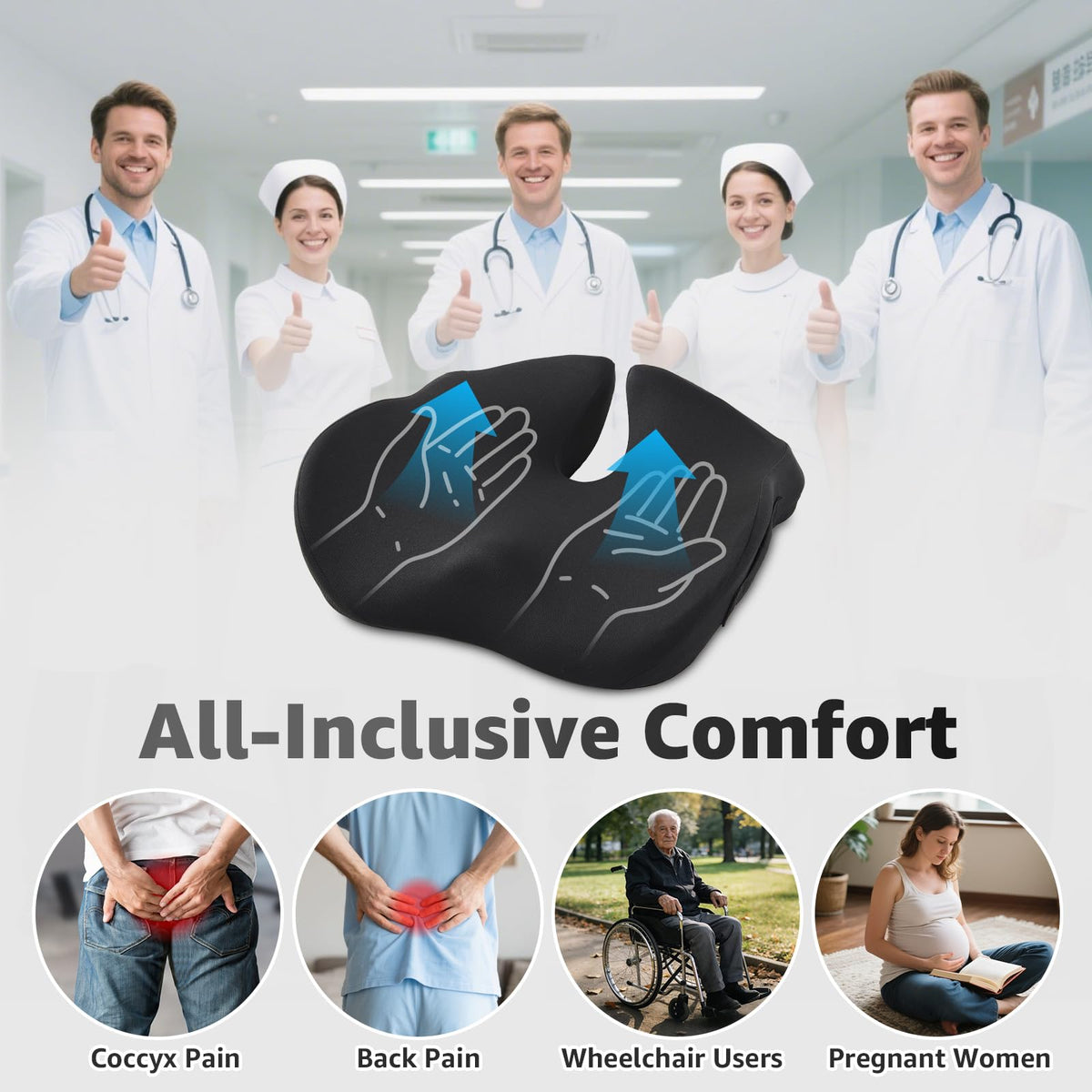 BRO Extra Large Office Chair Cushion for Sciatica Pain Relief: Memory Foam Seat Cushion for Tailbone Pain Relief Support for Long Sitting - 2 × Removable Covers with Handle - Car/Office/Home Use